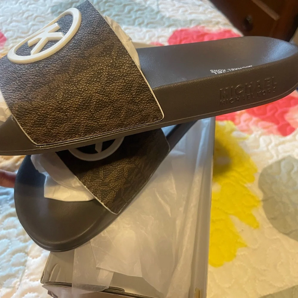 Michael Kors Dark Brown Slide Sandals with White MK Logo - Picture 2 of 4
